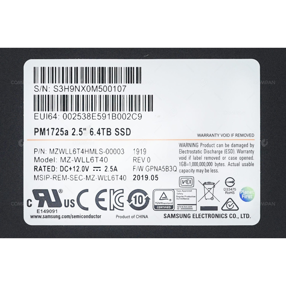 MZ-WLL6T40 SAMSUNG 6.4TB PM1725A NVME MU TLC SSD 2.5 MZWLL6T4HMLS-00003, PM1725A